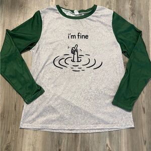 Green and Gray Long Sleeve Shirt with 'I'm Fine' Graphic